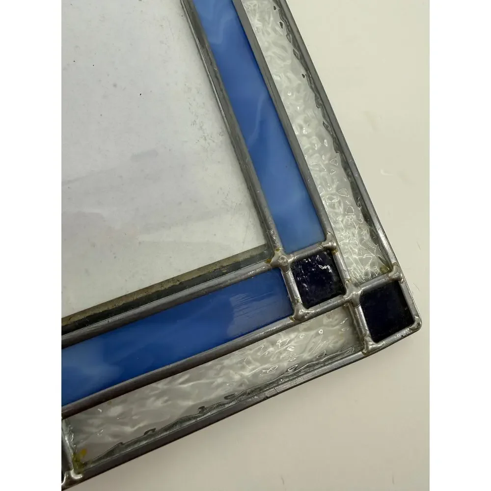 Stained Glass Picture Frame Blue Rippled Glass Easel Back Tabletop Holds 5x7